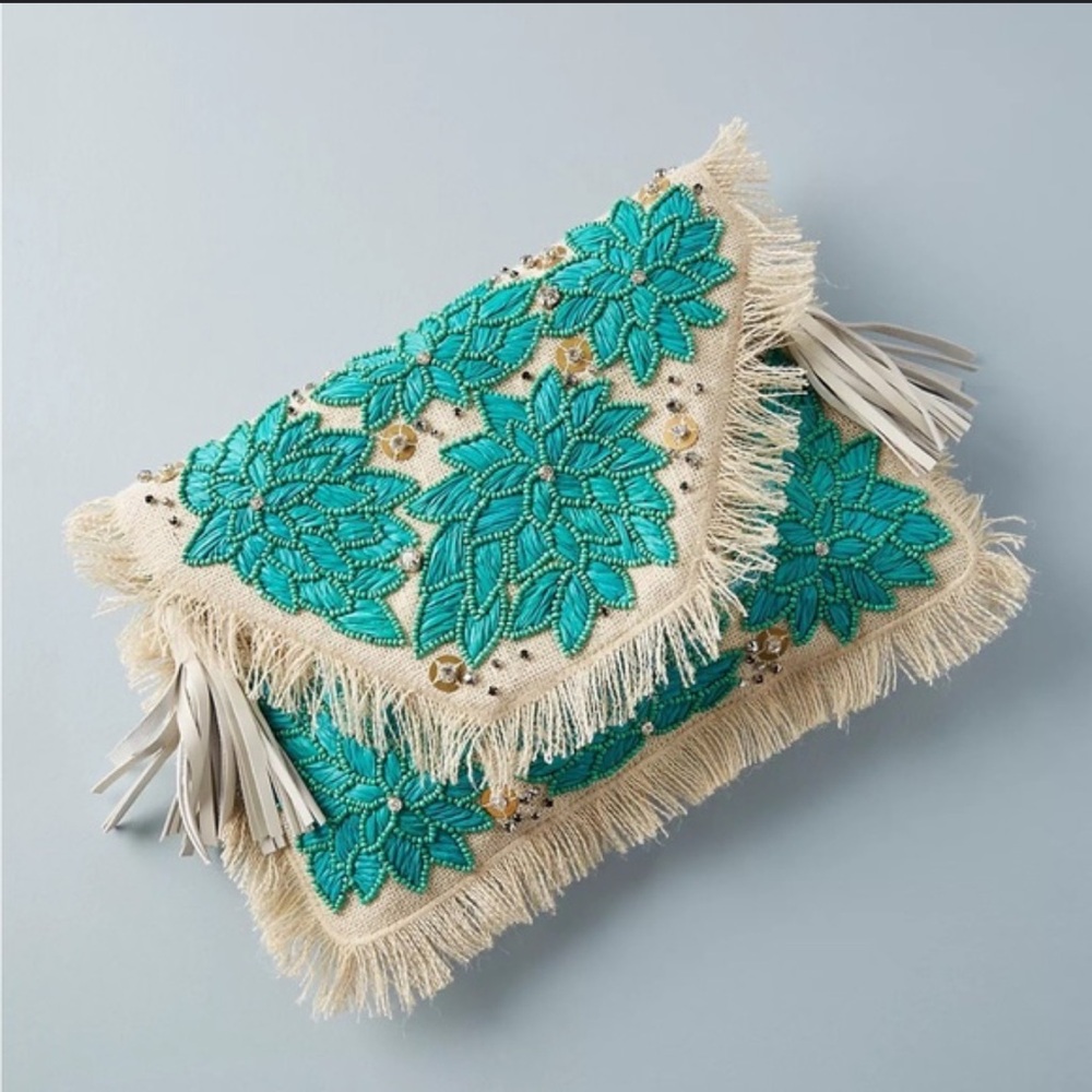 Anthropologie Teal and Cream Floral Clutch